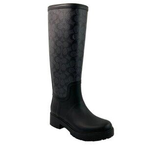 New Coach Monogrammed Tall Pull-on Rain Boots Black Gray 5